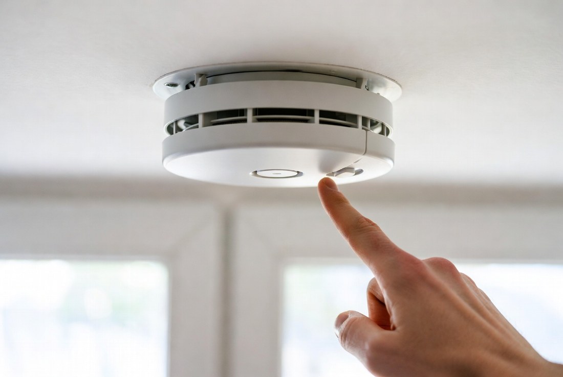 A hand pressing the test button on a round white alarm mounted on a ceiling near a window