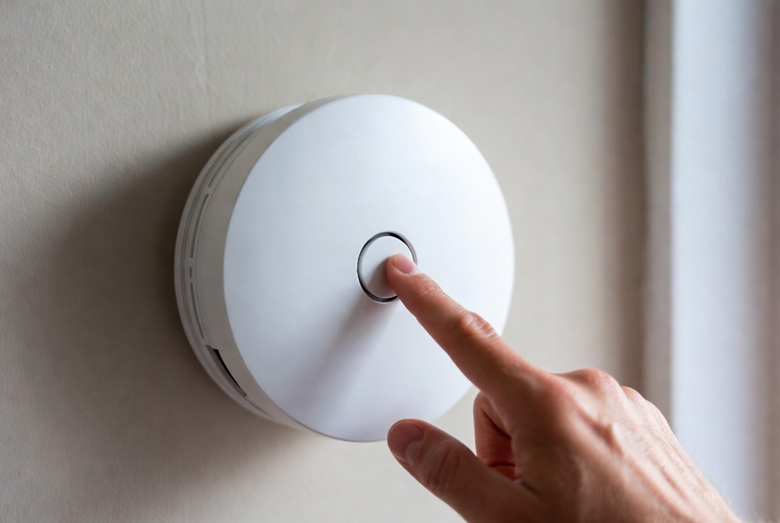 A hand pressing the test button on a round white alarm mounted on an interior wall