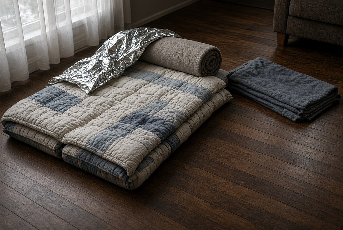 A sleeping place made up on a wooden floor from a thick folded quilt with a rolled blanket at the head and a foil emergency blanket opened over one corner, with a second blanket lying folded flat directly on the bare boards beside it