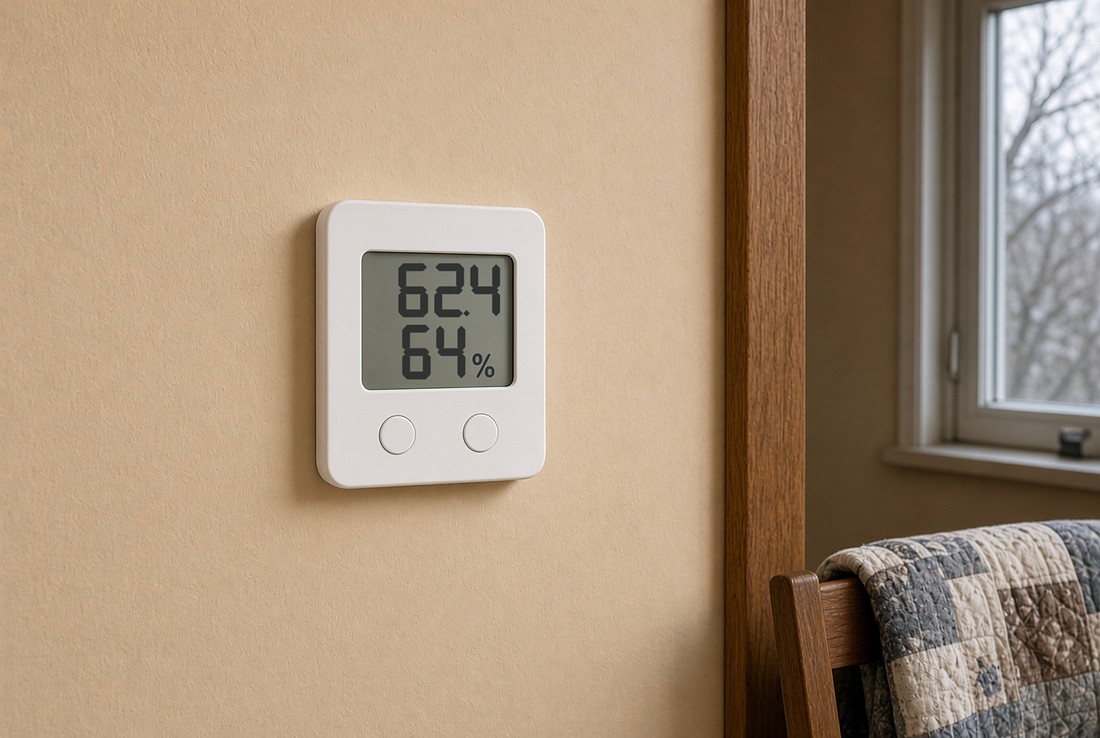 A small white digital thermometer and hygrometer mounted on a wall in a warm-toned room, its display showing 62.4 degrees above 64 percent humidity, with a quilt over a chair and a bare-branched winter window to the right