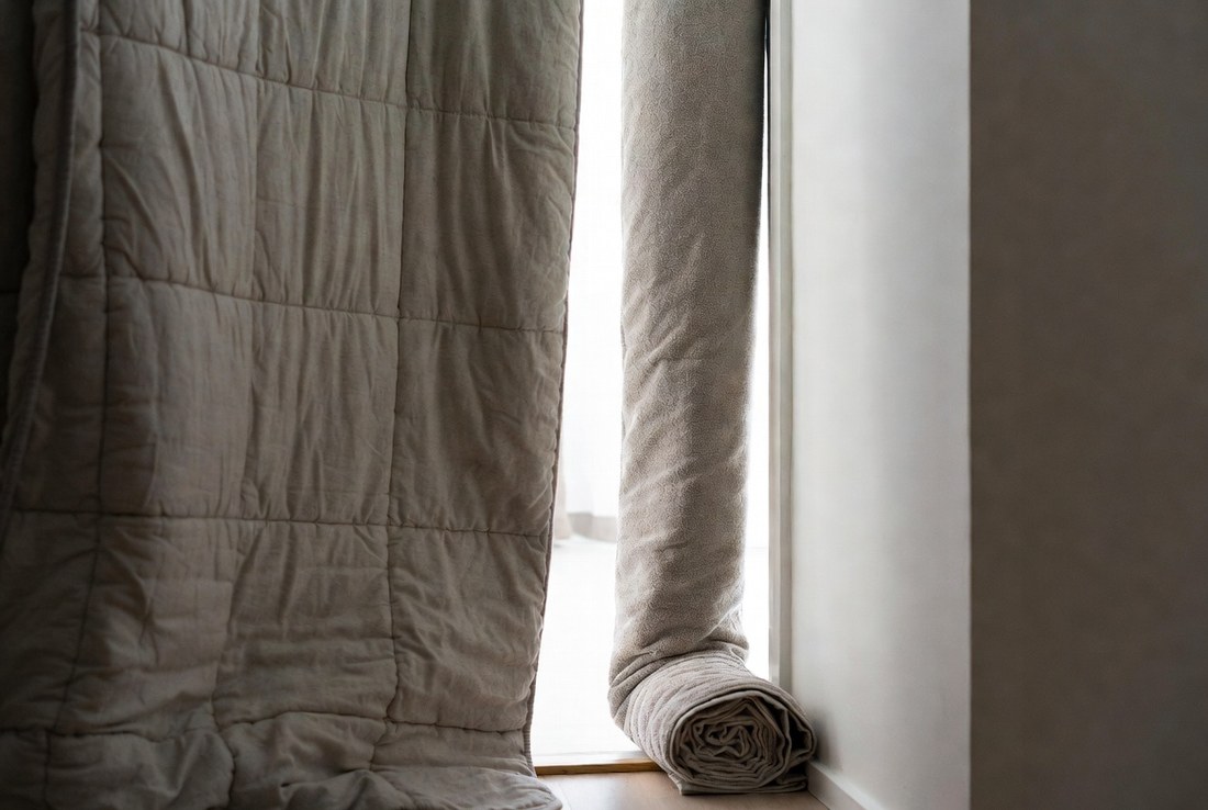A heavy quilt hung across a doorway to seal a room, with a rolled towel laid along the bottom of the gap beside it