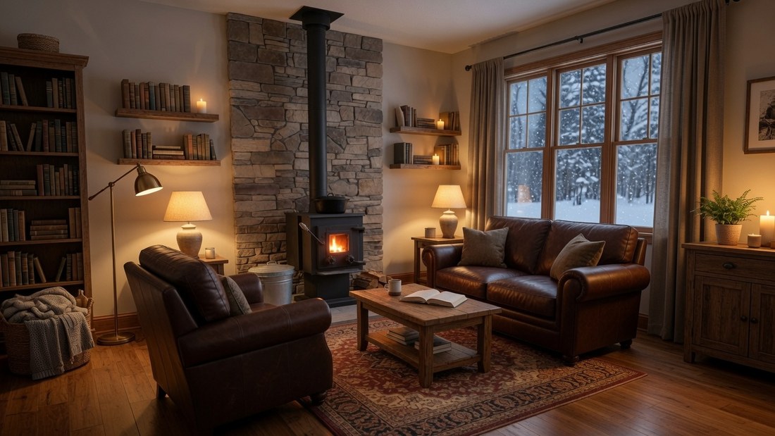 A wood stove burning against a stone chimney breast in a lamplit living room, split logs and a metal ash bucket beside it, leather armchairs and a rug, snow falling outside the window