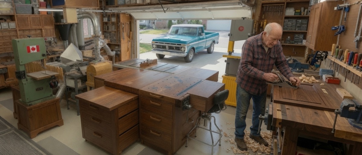 An older man in a plaid shirt working at a bench in his garage workshop, running a hand plane over a panel with shavings on the floor around him