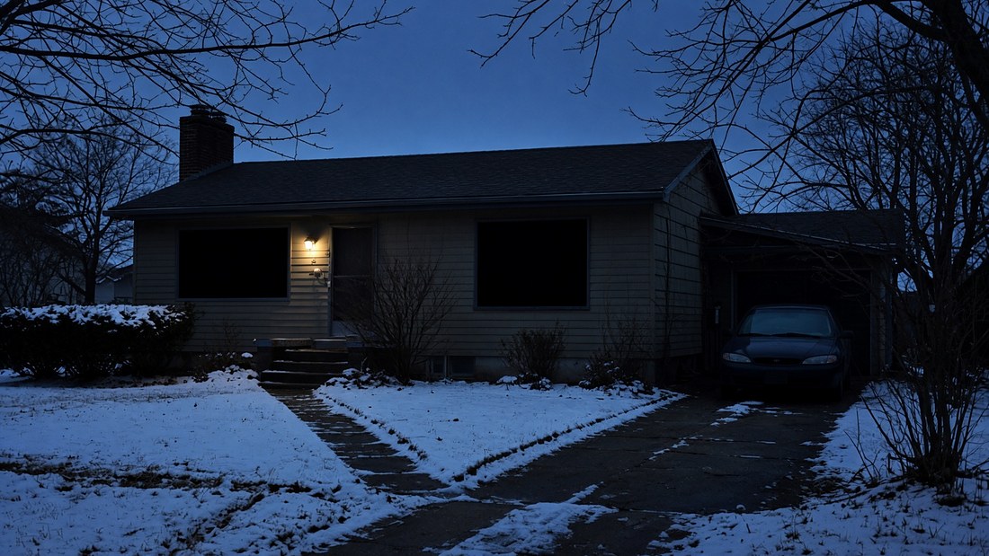 The same house at dusk with every front window covered and dark, the porch light still on and a car still in the driveway, snow on the lawn and the path cleared