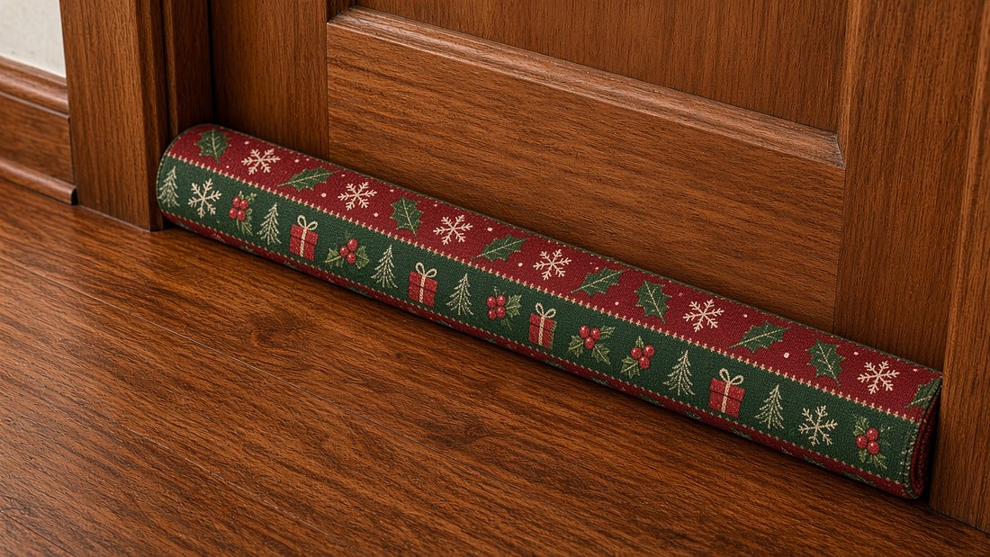 A long fabric-covered draught stopper tube in a red and green holly and snowflake pattern lying on a wooden floor against the bottom of a wooden interior door
