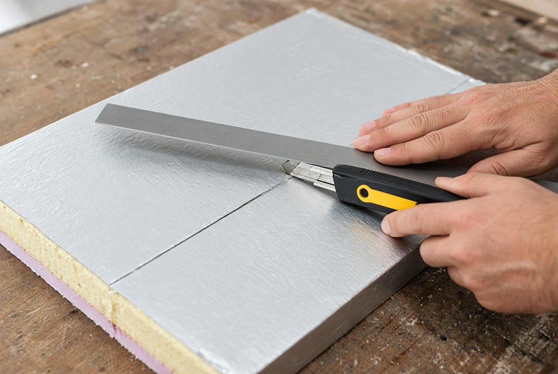 Two hands scoring a sheet of foil-faced rigid foam insulation board with a utility knife run along a metal straightedge, the yellow foam core visible at the cut edge of the board