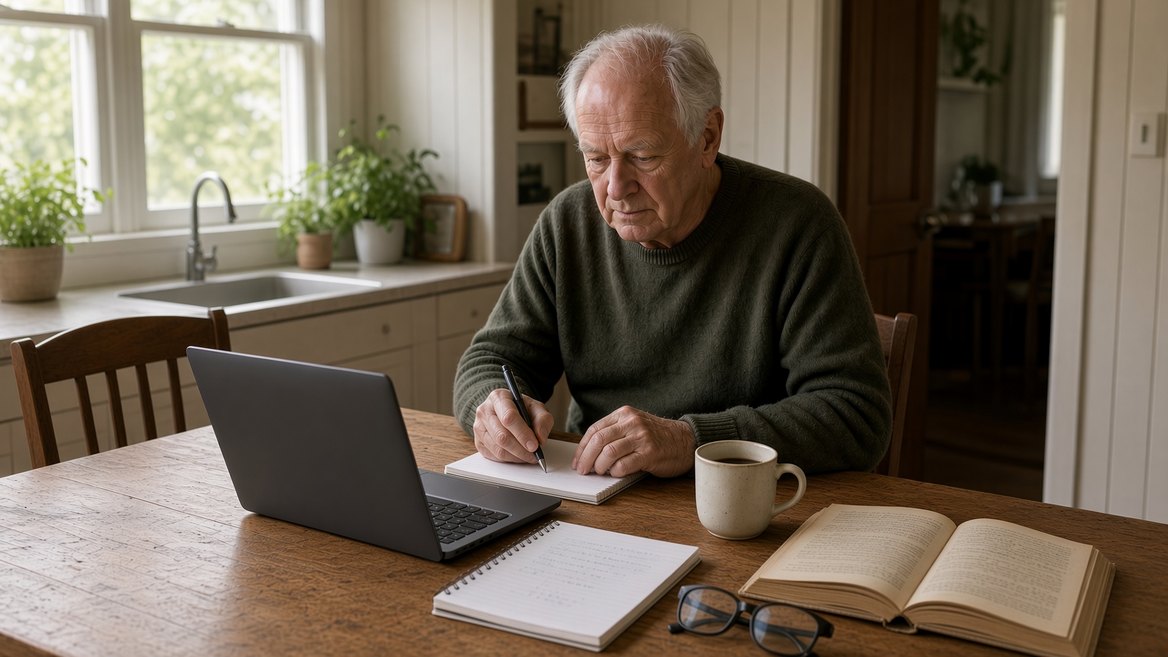 An older man at a kitchen table with a laptop open in front of him, writing in a spiral notebook and looking at the notebook rather than the screen, an old reference book open beside him