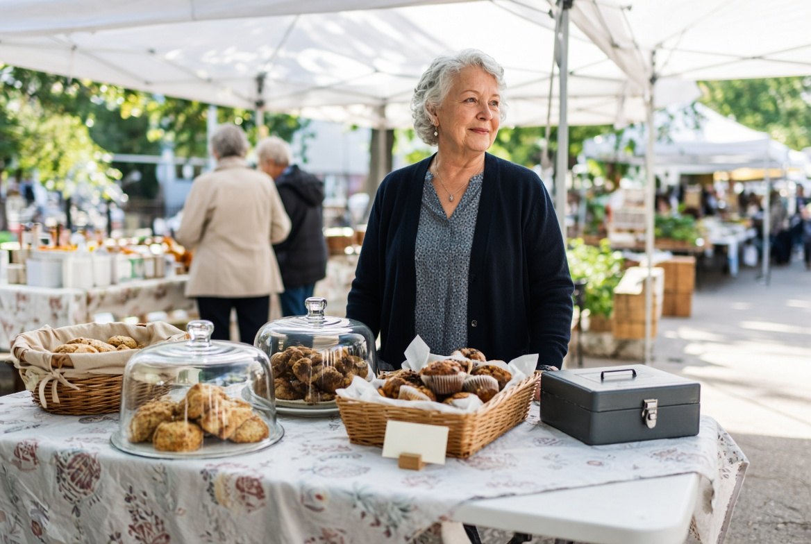 An older woman behind a folding table at an outdoor farmers market under a white canopy, her baked goods arranged under glass domes and in lined baskets with a cash box beside them
