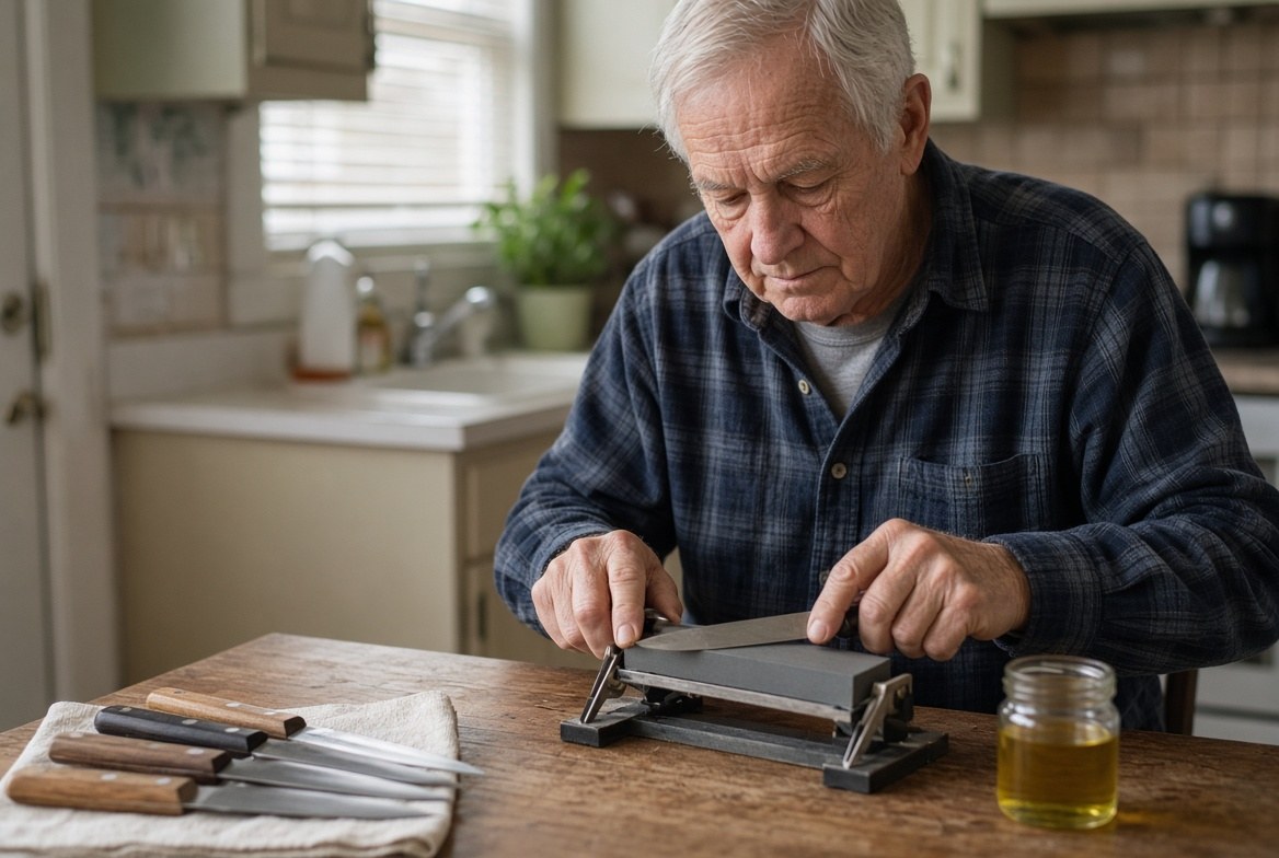 A man in his seventies at a kitchen table drawing a knife across a bench stone held in an angle jig, four more knives waiting on a folded cloth beside him and a jar of honing oil at his elbow