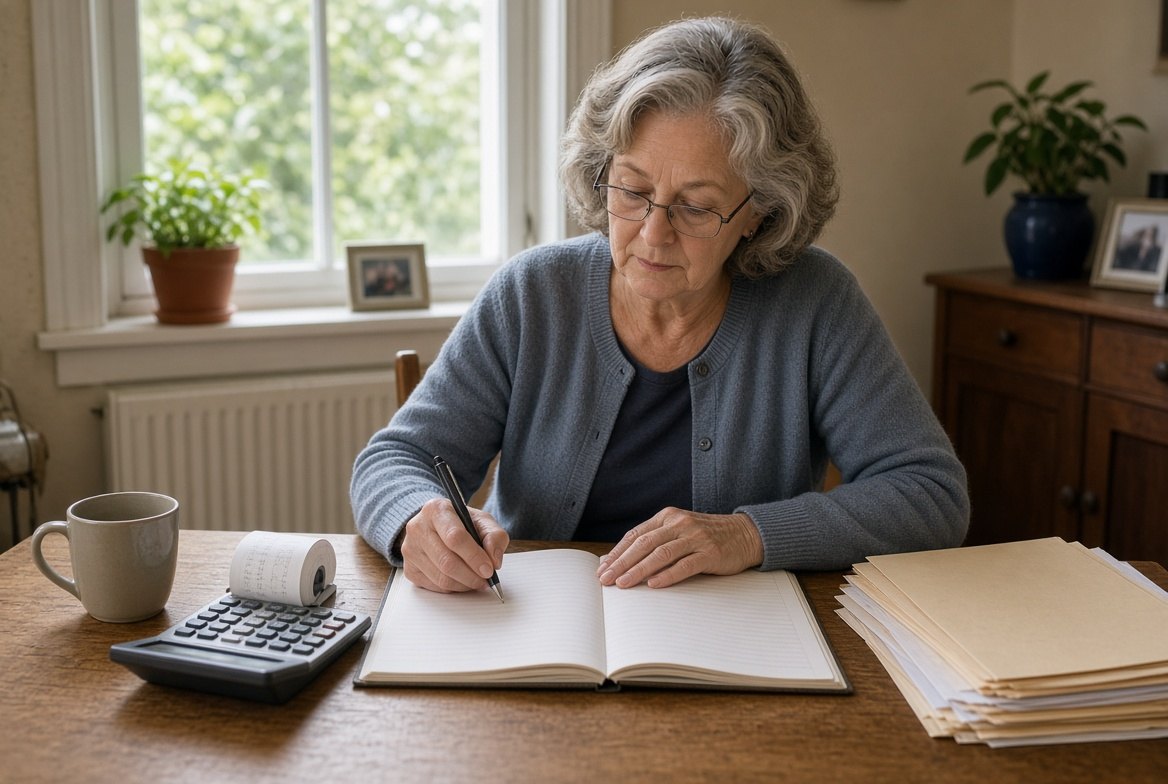 A woman in her late sixties at a home desk working through an open ledger, with a desktop calculator, a stack of manila folders and a mug beside her