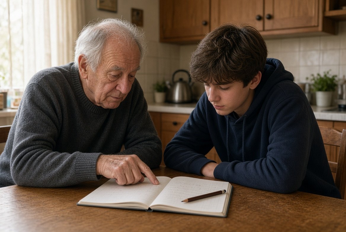 A man in his seventies at a kitchen table beside a teenage boy, pointing at a problem in an open exercise book while the boy follows his finger