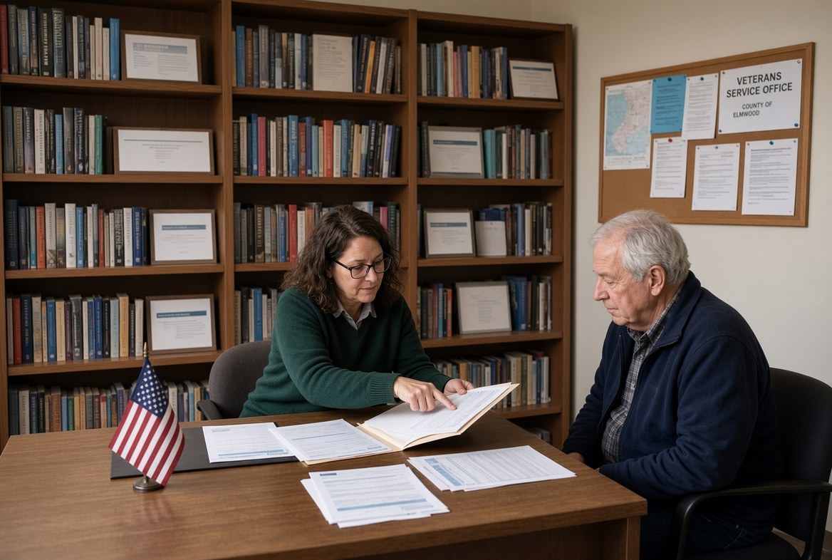 An older man seated across a desk from a county veterans service officer in a small county office, an American flag on the desk, forms spread between them and a noticeboard on the wall