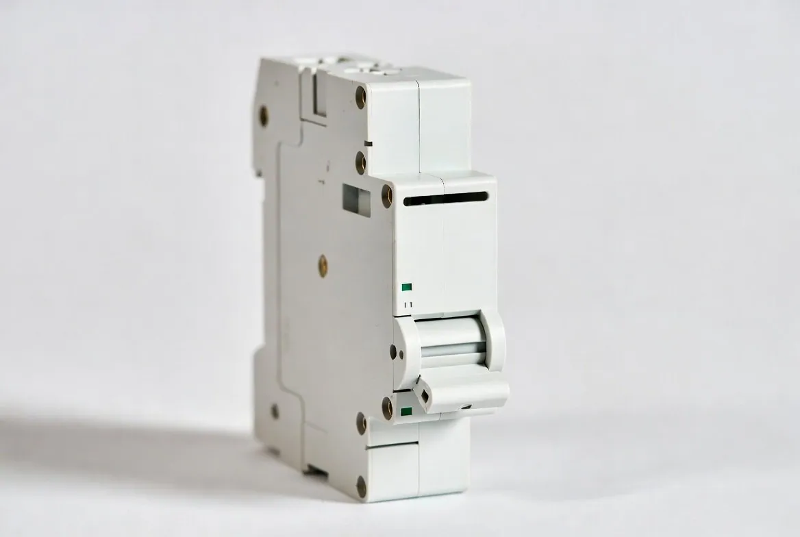 A single modern white smart circuit breaker photographed on a plain background, with a test slot, paddle switch, and small green status indicators