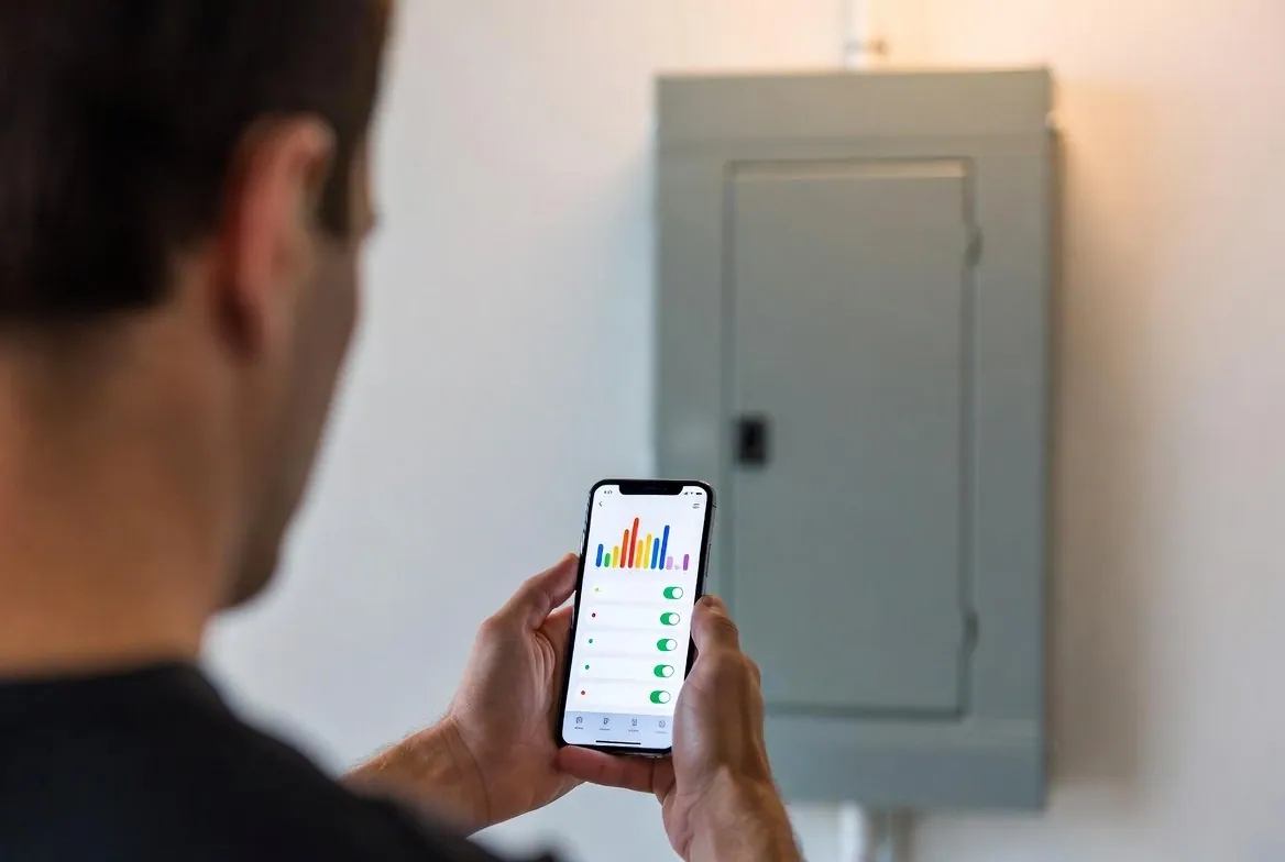 A person seen from behind holding a smartphone in both hands showing a home energy app with a bar graph and rows of circuit toggles, a closed gray electrical panel on the wall ahead