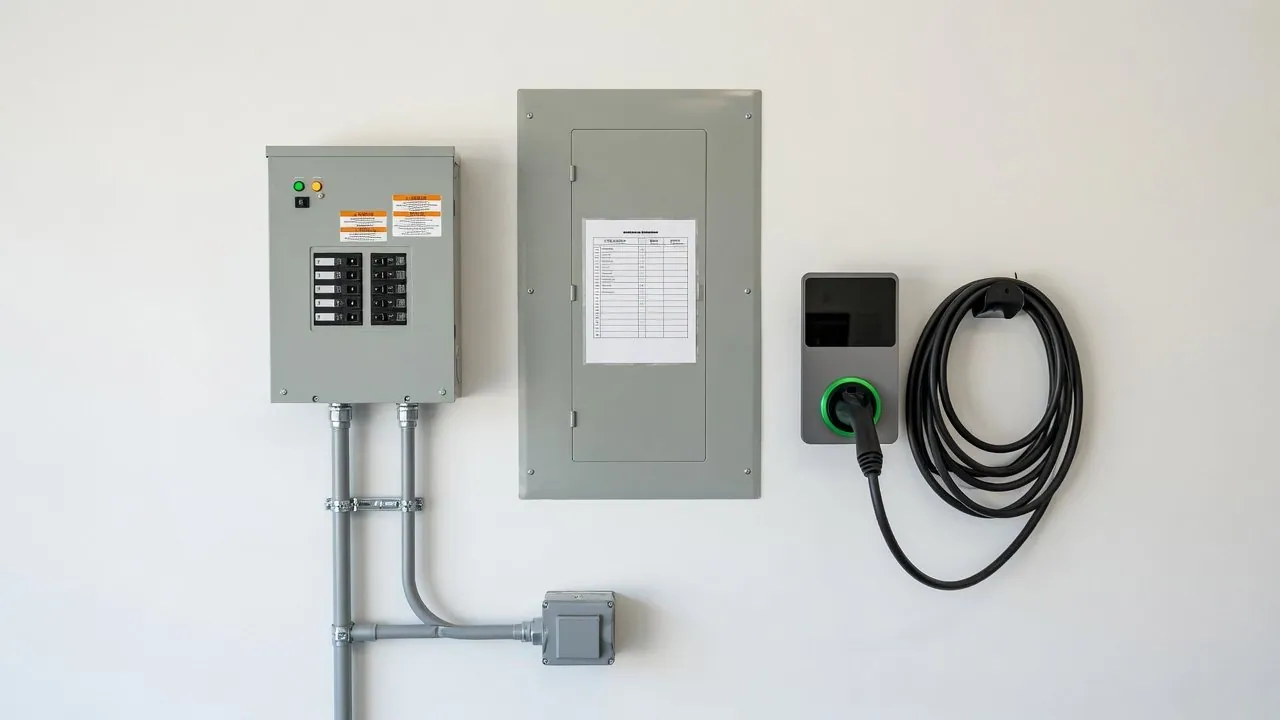 A clean garage wall with a generator transfer switch and its conduit run on the left, a residential breaker panel with a directory card on its door in the middle, and a wall-mounted EV charger with a neatly coiled cable on the right