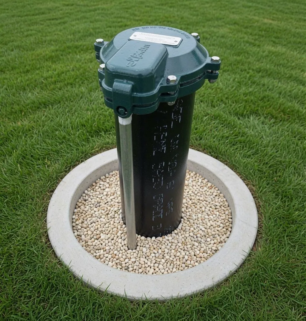 A residential well cap rising a few inches above the grass in a tidy backyard