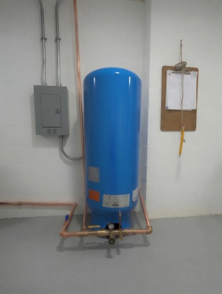 A tall smooth blue well pressure tank on copper piping against a clean block wall, with a pressure gauge on the piping at its base, a gray control box mounted on the wall to its left, and a clipboard with a pencil hanging on the wall beside it